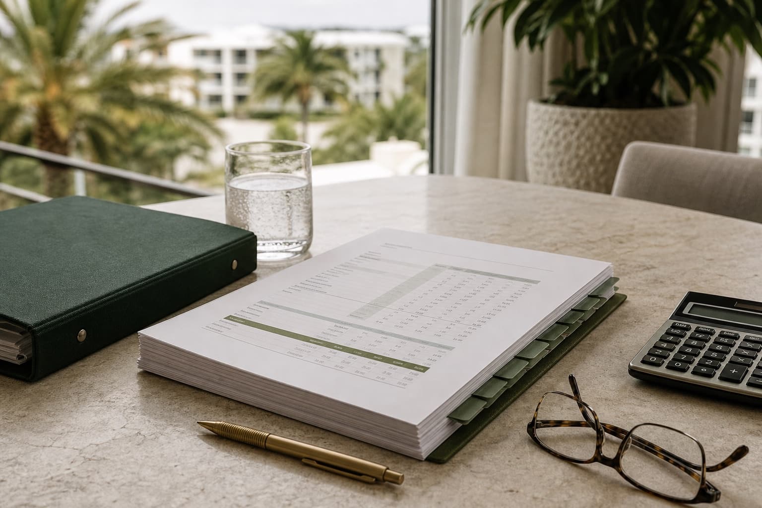 An HOA financial packet, calculator, and notebook on a limestone table overlooking a Florida condominium community