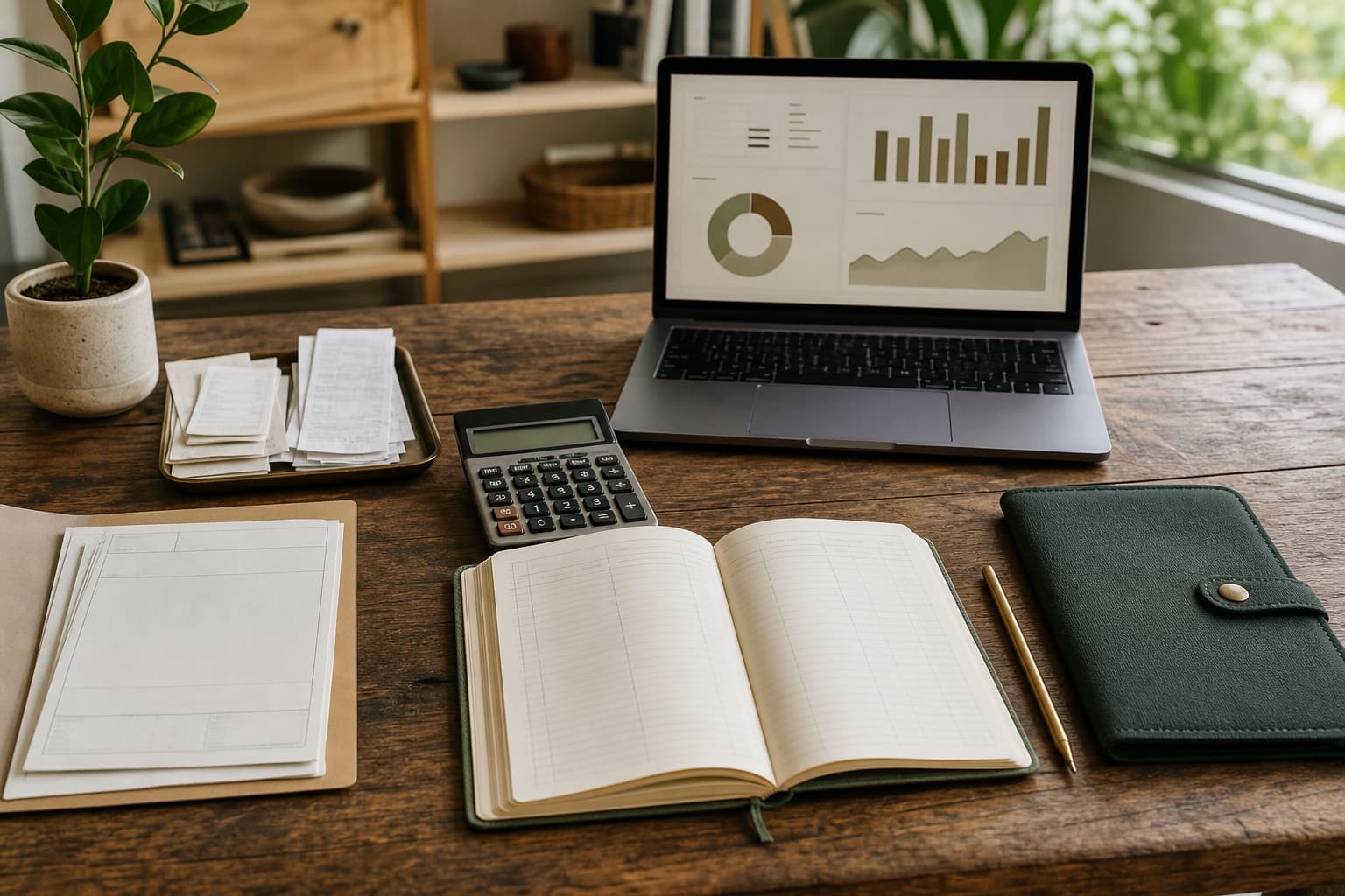 A tidy small business bookkeeping desk with a laptop, receipts, ledger, and calculator