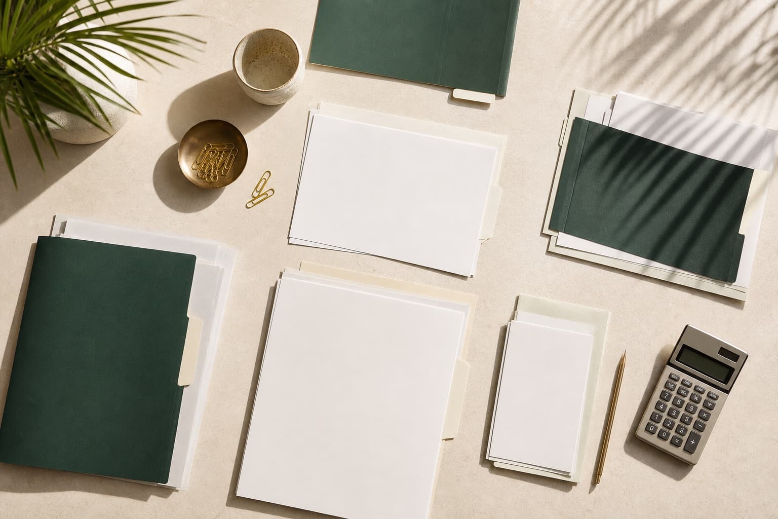 An organized tax preparation workspace with green folders, a calculator, and a blank checklist in soft Florida daylight