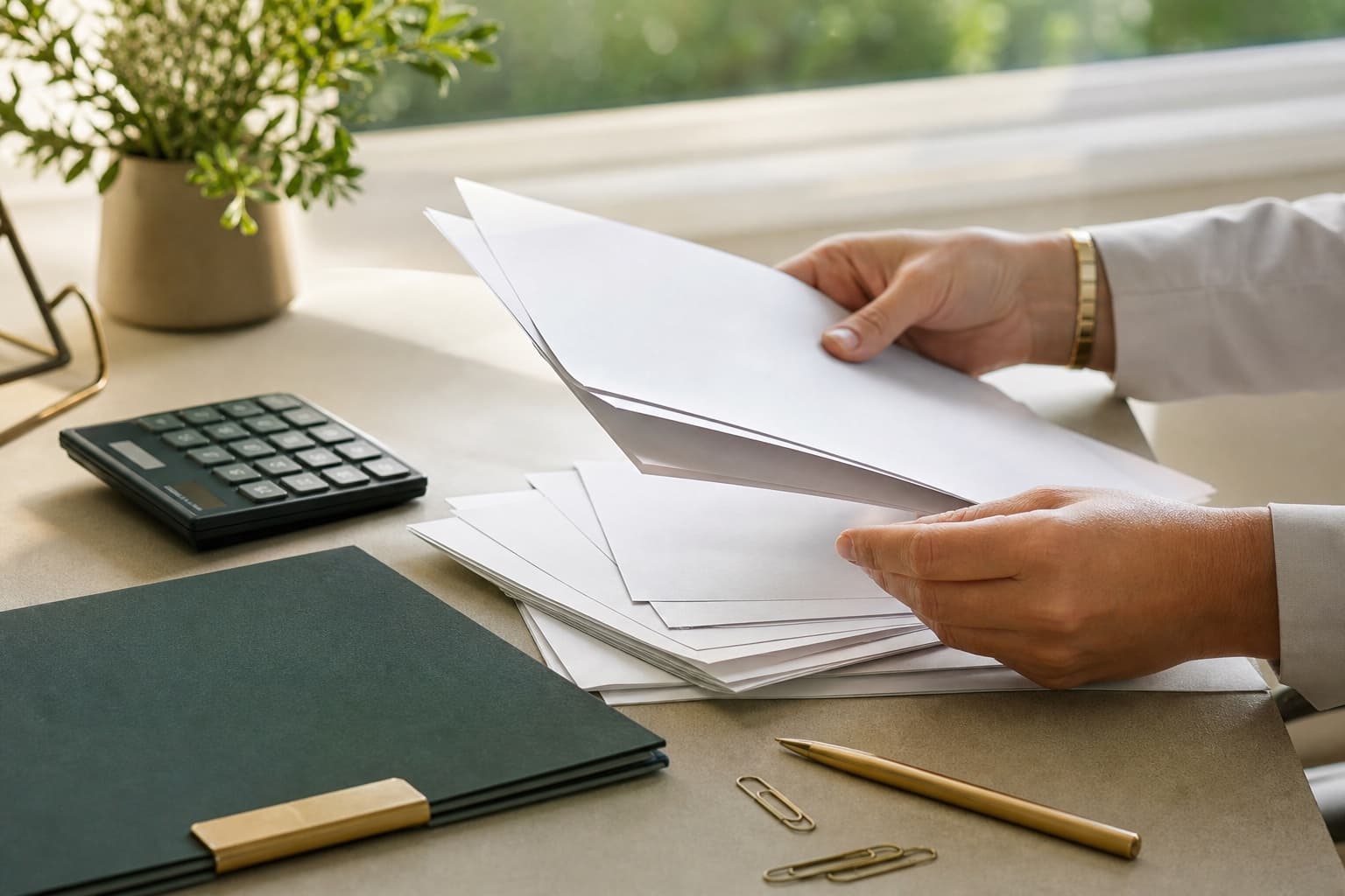 Hands organizing blank tax documents beside a calculator and green folders